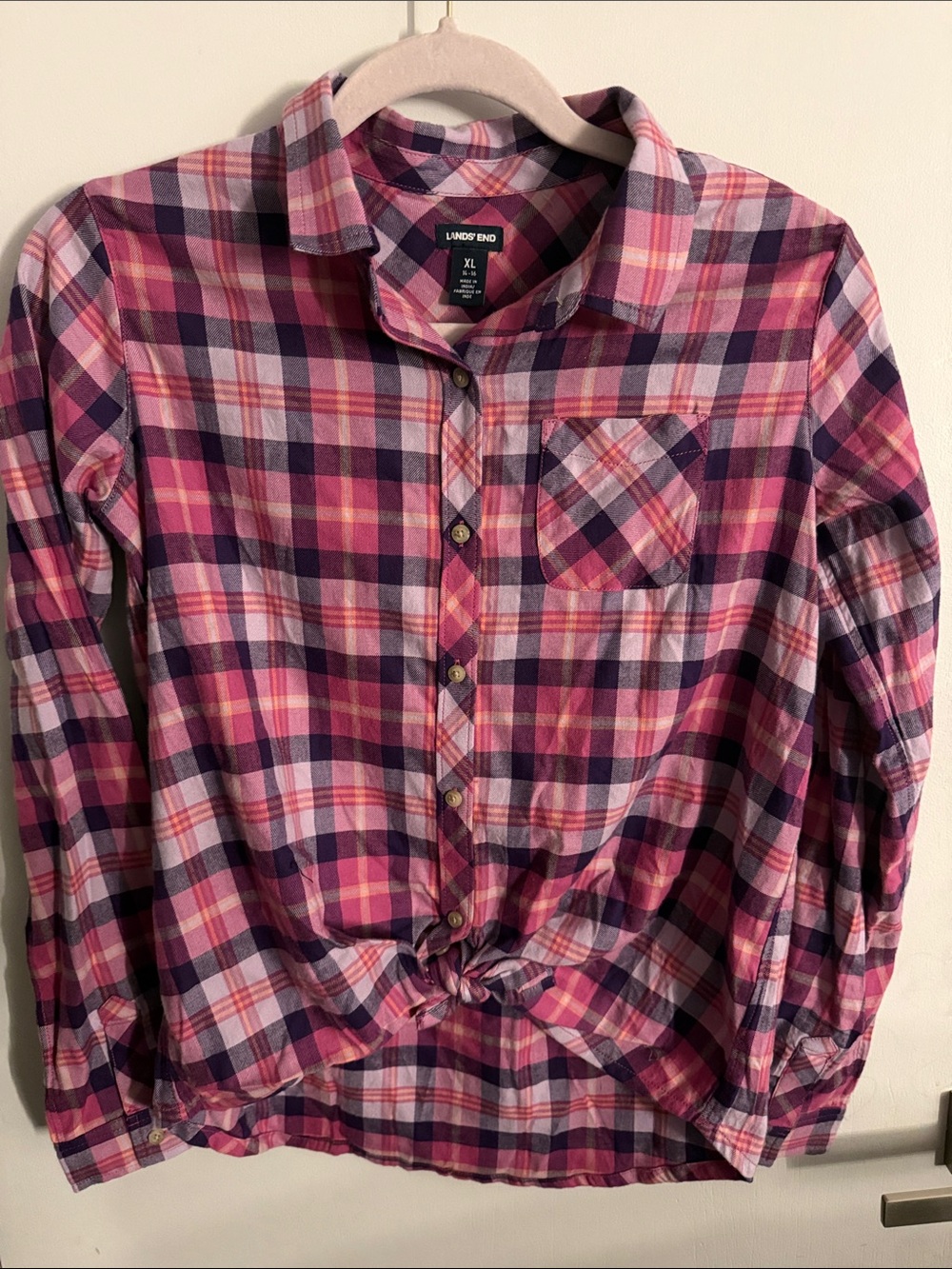 Lands' End Pink Purple Plaid Button-Down Shirt